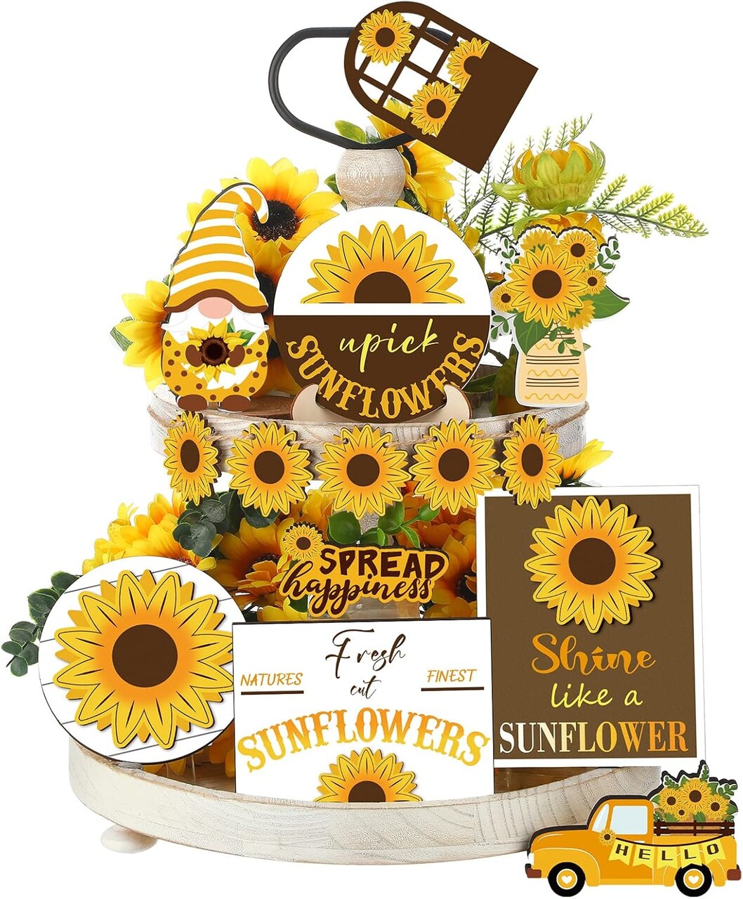 12PCS Sunflower Tiered Tray Decor Set – Summer Rustic Farmhouse Kitchen Decor, Wooden Sunflower Gnome Signs for Tiered Tray, Party & Home Decoration